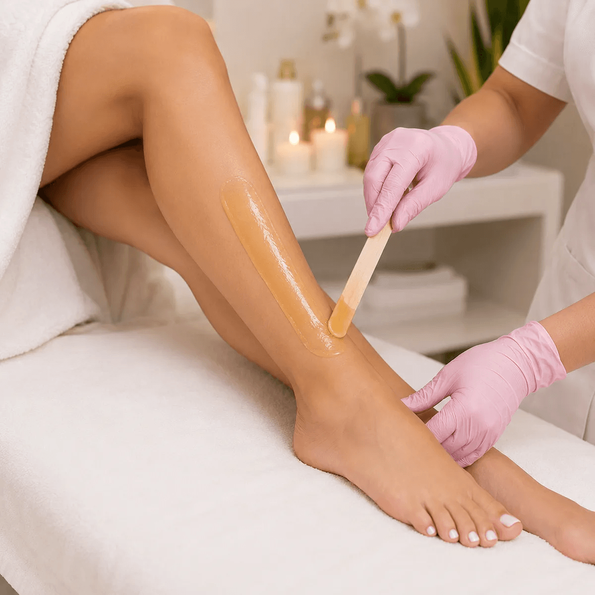Leg waxing treatment at a beauty studio
